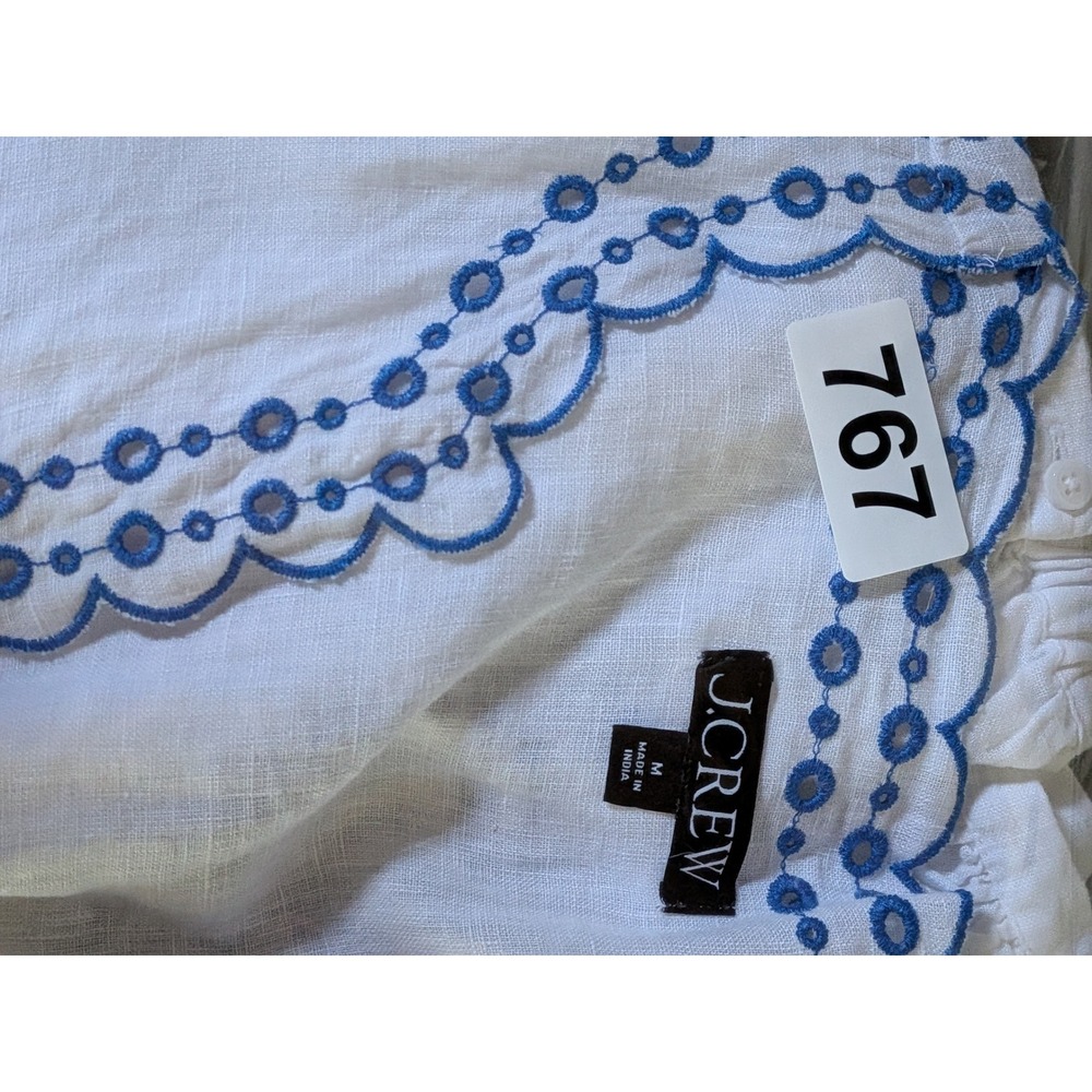 J. Crew Womens Bungalow Linen Embroidered Top Sz M White Blue Boho Cottagecore - Picture 6 of 11